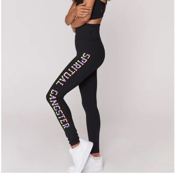Spiritual Gangster Pants - NWT Spiritual Gangster Black Rainbow High Rise Leggings with Colorful Logo